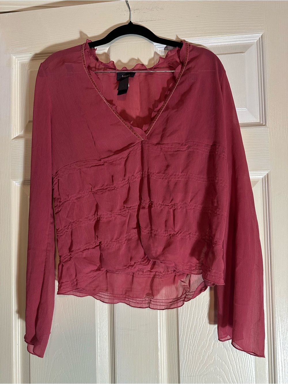 Mexx Deep Raspberry Long-Sleeve V-Neck Blouse with Ruffle Panels